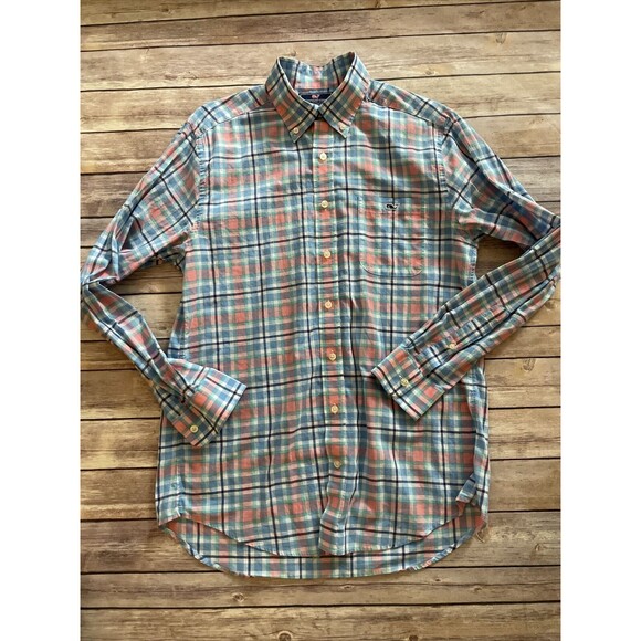 Vineyard Vines Mens Cotton Slim Fit Tucker LS Button Up Pink Blue Plaid Shirt M - Picture 1 of 6